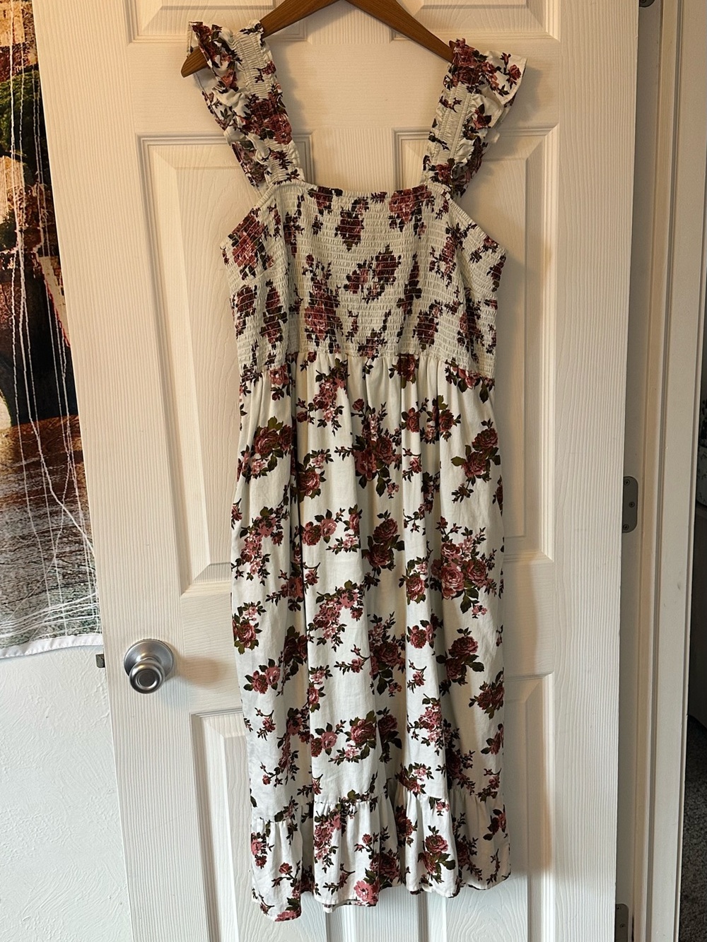 The Drop Floral Smocked Sundress in Cream with Rose Print